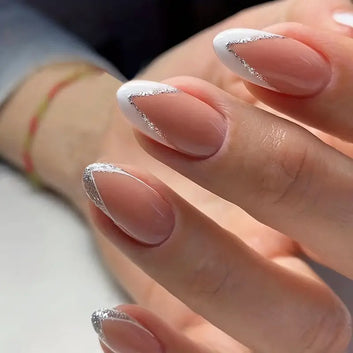24pcs French Press On Nails, With Silver Glitter