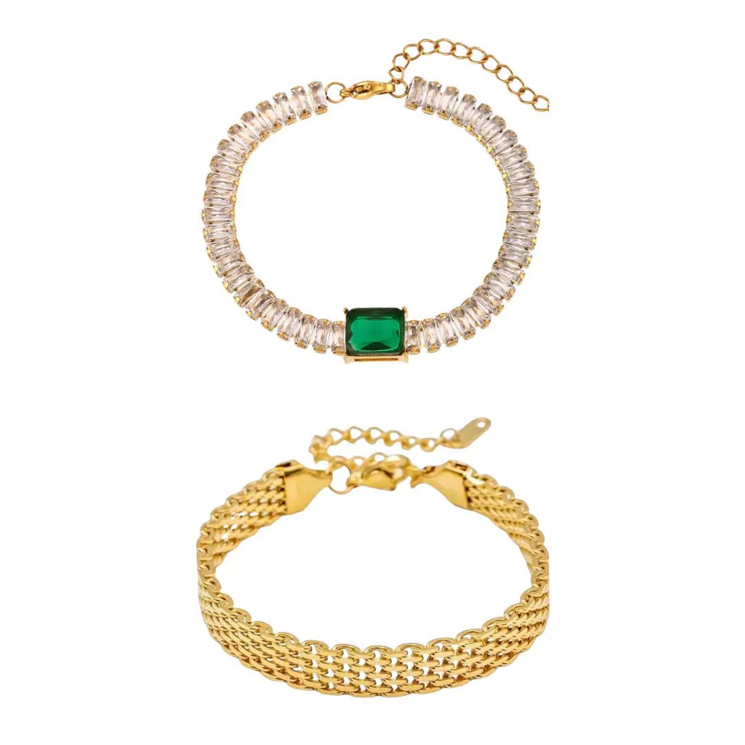 2Pcs Set of Emerald Tennis Bracelet and Mesh Bracelet
