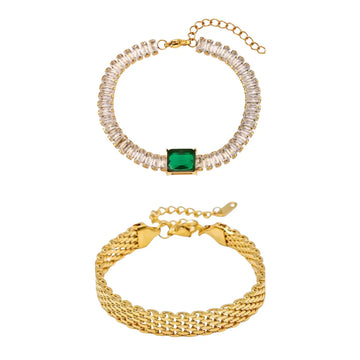 2Pcs Set of Emerald Tennis Bracelet and Mesh Bracelet