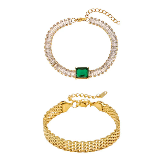 2Pcs Set of Emerald Tennis Bracelet and Mesh Bracelet