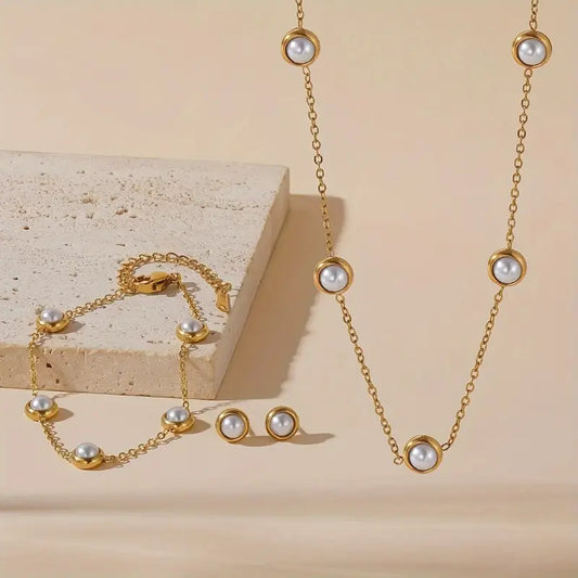 4pcs Pearl-Embellished Jewellery Set