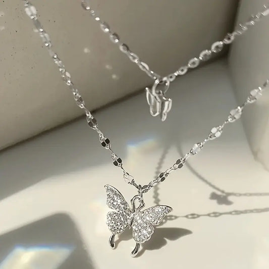 Double Layer Butterfly Necklace (Silver)