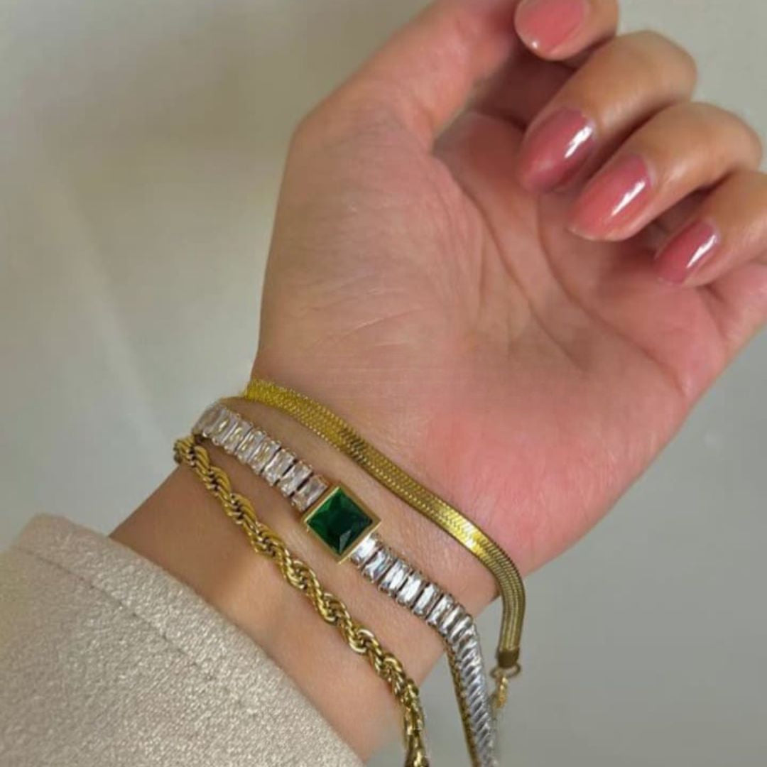 3 Pcs Rope, Emerald and Snake Bracelet Set