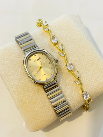 Set of Two Tone Gold Dial Watch and Tulip Bracelet