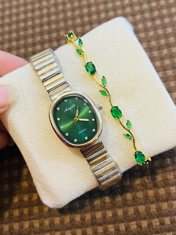 Set of Two Tone Green Dial Watch and Tulip Bracelet
