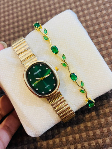 Set of Gold Green Dial Watch and Tulip Bracelet