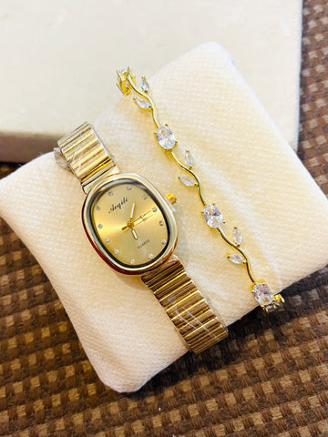 Set of Gold Dial Watch and Tulip Bracelet