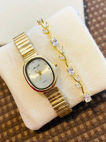Set of Silver Dial Gold Watch and Tulip Bracelet