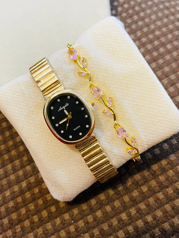 Set of Black Dial Gold Watch and Tulip Bracelet