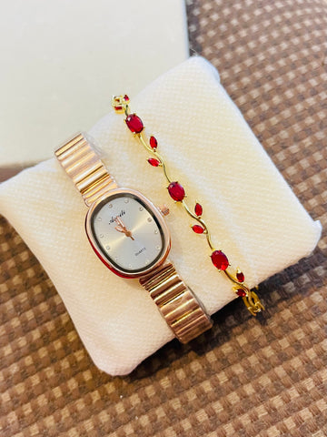 Set of Rose Gold Watch and Tulip Bracelet
