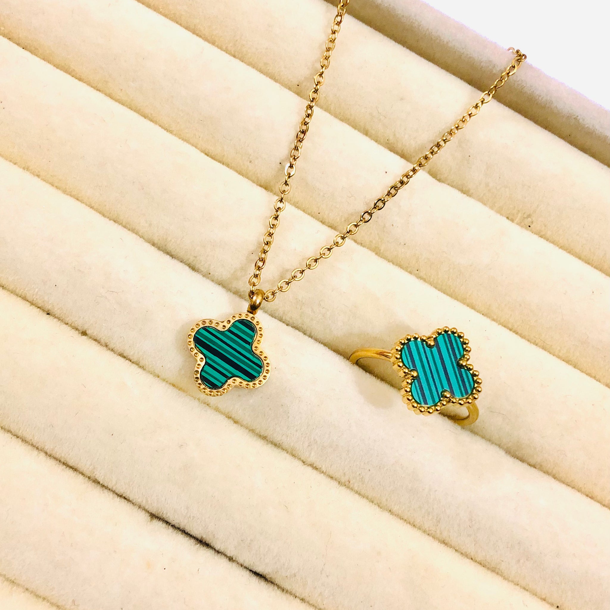 Green Clover Pendant and Ring Set