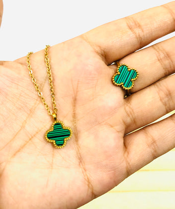 Green Clover Pendant and Ring Set