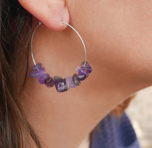 Amethyst Chip Stone Ear Hoops