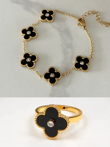 2Pcs Black Clover Stone Bracelet and Ring Combo