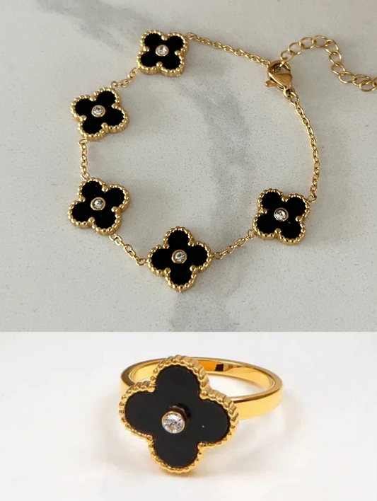 2Pcs Black Clover Stone Bracelet and Ring Combo