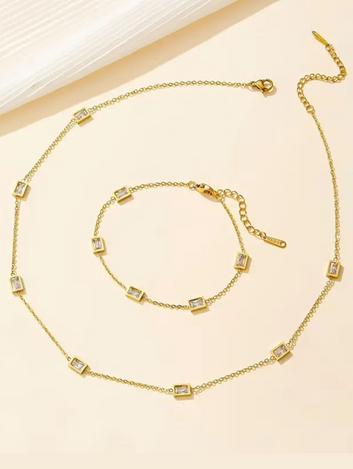 Stainless Steel Square Stone Chain Necklace and Bracelet Set